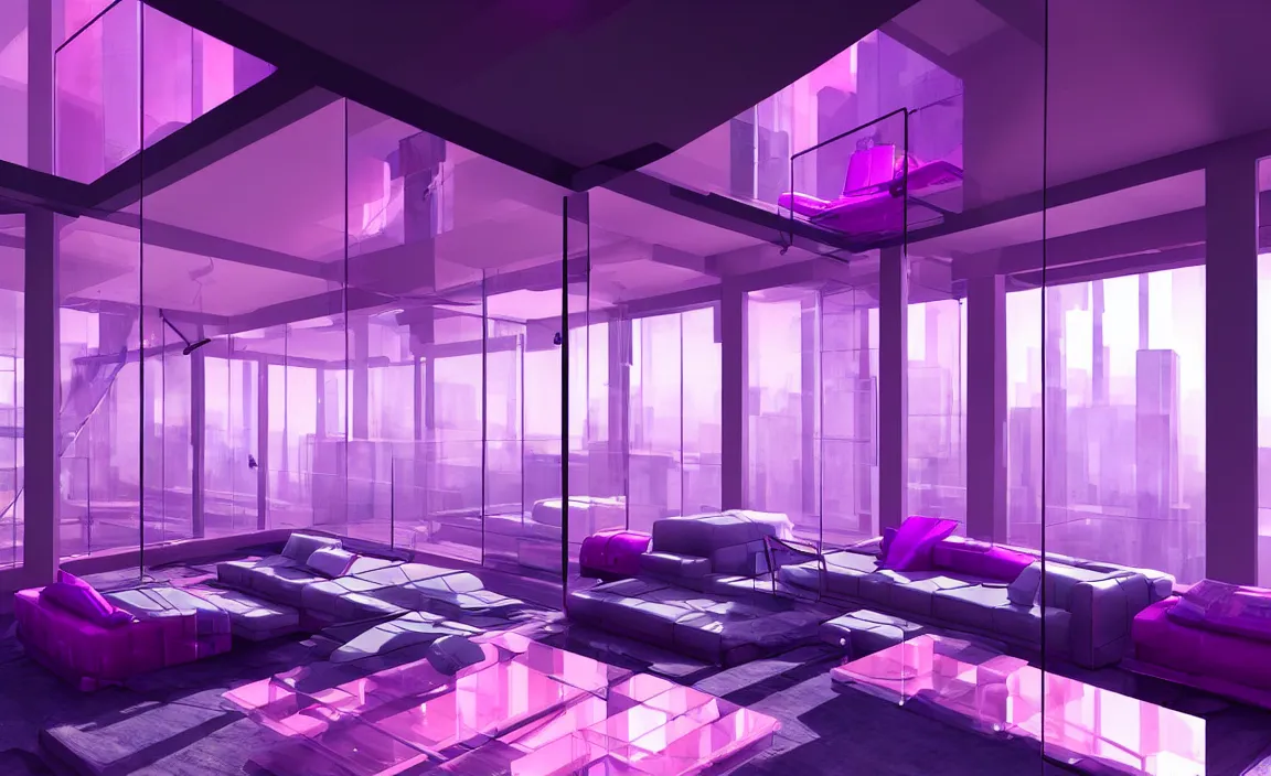 Prompt: a loft lounge with transparent glass, purple and pink color scheme, future science fiction. game cg, hyperdetailed, trending on cgsociety