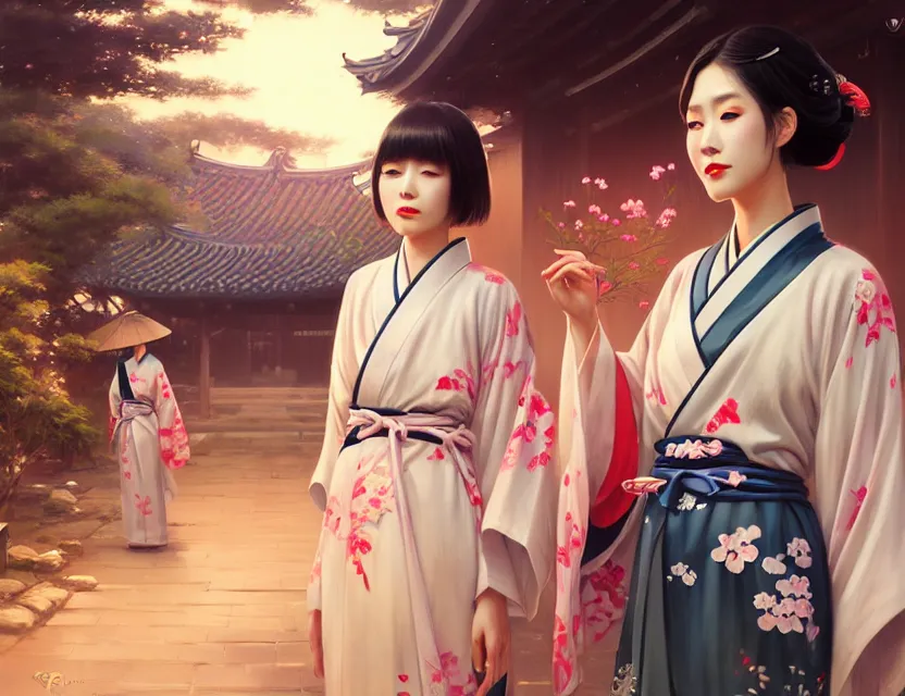 Image similar to two beautiful fashion taiwan girl wear elegant yukata in festival | | big eyes, summer night, realistic shaded, smile, good looking, fine details, 4 k realistic, cryengine, realistic shaded lighting poster by greg rutkowski, magali villeneuve, artgerm, jeremy lipkin and michael garmash and rob rey