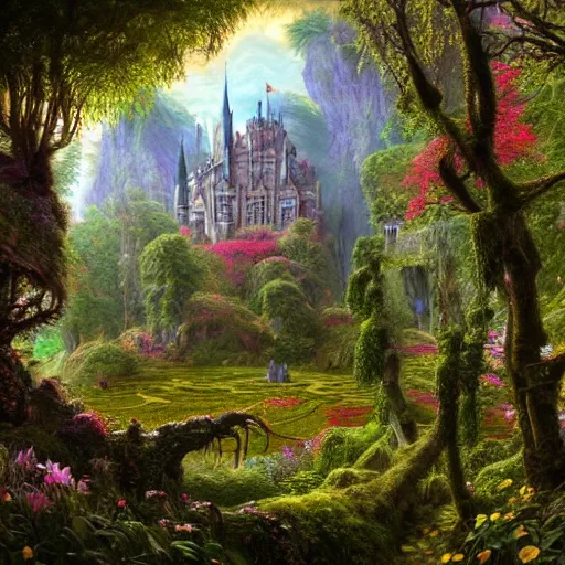 Prompt: a beautiful and highly detailed matte painting of a beautiful castle in a magical fantasy forest garden, psychedelic flowers and trees, colorful vegetation, epic scale, insanely complex, hyperdetailed, sharp focus, hyperrealism, artstation, cgsociety, 8 k, bright colors, by caspar friedrich, albert bierstadt, james gurney, brian froud,