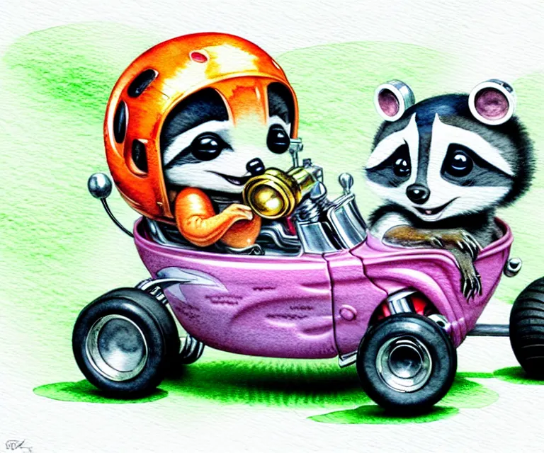 Image similar to cute and funny, baby racoon wearing a helmet riding in a tiny hot rod with oversized engine, ratfink style by ed roth, centered award winning watercolor pen illustration, isometric illustration by chihiro iwasaki, edited by range murata, tiny details by artgerm and watercolor girl, symmetrically isometrically centered