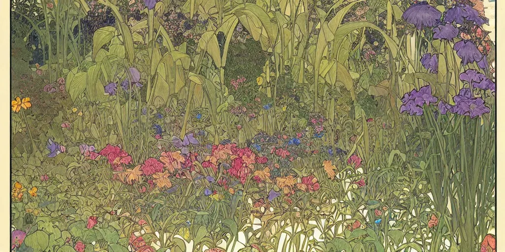 Image similar to an illustration of a beautiful garden, isometric view, painted by moebius and james jean and alphonse mucha