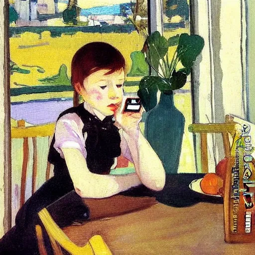 Image similar to a girl with phones on a table sits at a table in a sunny room, the window is open, peaches on a table, by valentin serov