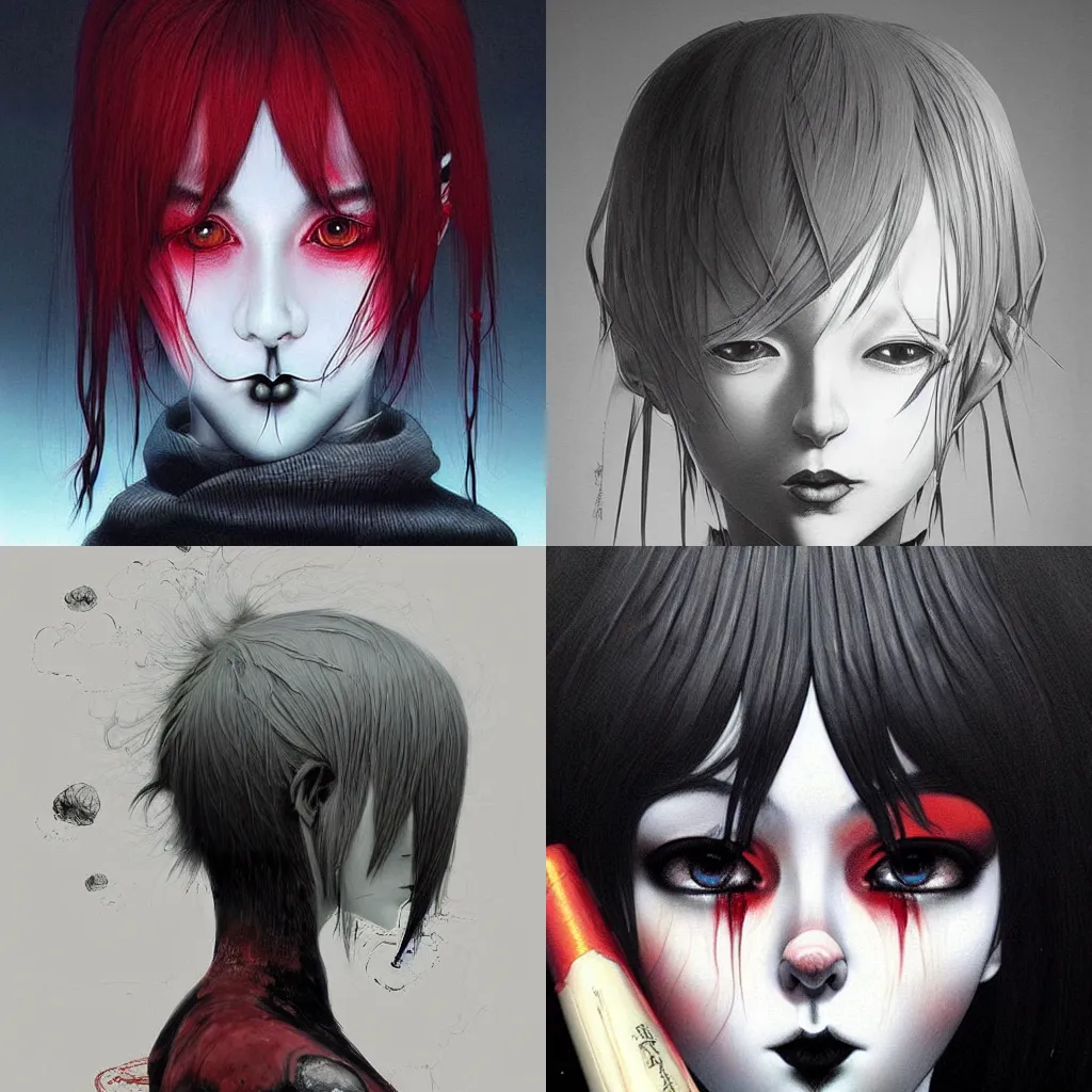 Prompt: beautiful! coherent!!! detailed! expert! professional manga seinen portrait art of a goth clowngirl, face, painted by ilya kuvshinov!!!!! and zdzislaw beksinski # wow