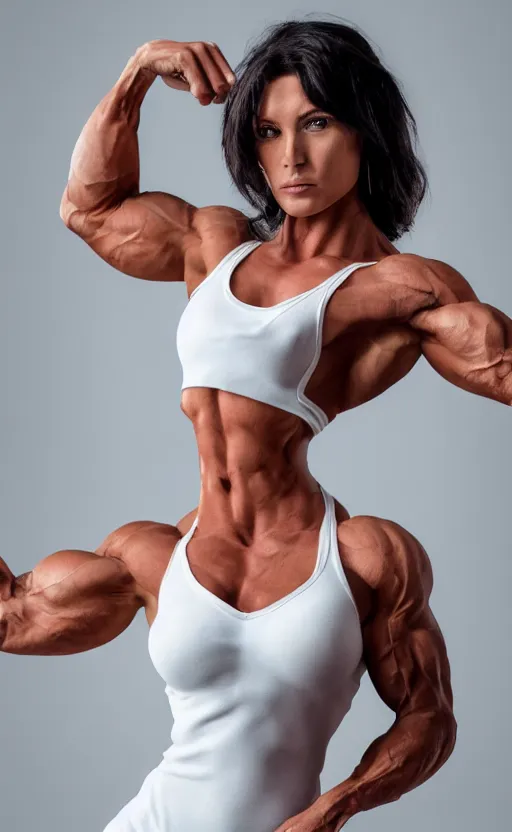 Image similar to photo of bodybuilder woman posing in white peignoir, full leight, ultra rendered extreme realism and detail, 8 k, highly detailed, realistic, photorealistic,