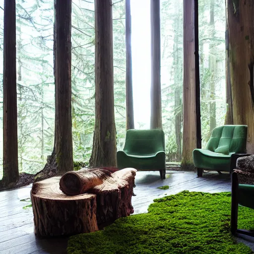 Prompt: living room interior with temperate rainforest aesthetic, live redwood furniture and objects, moss floor, volumetric atmospheric interior fog, fallen log furniture.