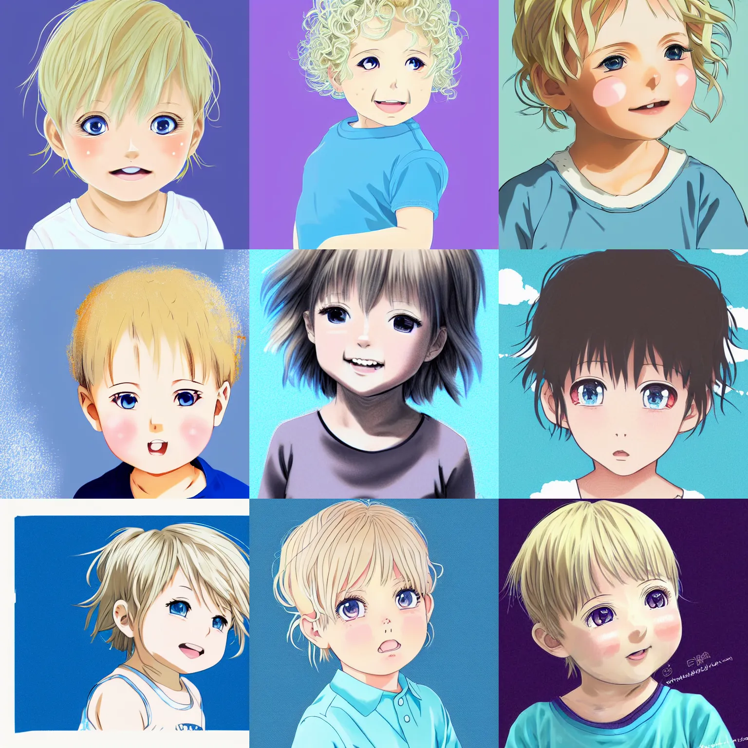 Image similar to A medium shot anime portrait of a little smiling anime girl child with thin curly light ash blonde short hair and light blue eyes, blue-eyed, chubby face, very young, toddler, baby, a few large curls, medium shot portrait, her whole head fits in the frame, solid color background, flat anime style shading, head shot, 2d digital drawing by Stanley Artgerm Lau, WLOP, Rossdraws, James Jean, Andrei Riabovitchev, Marc Simonetti, and Sakimi chan, trending on artstation