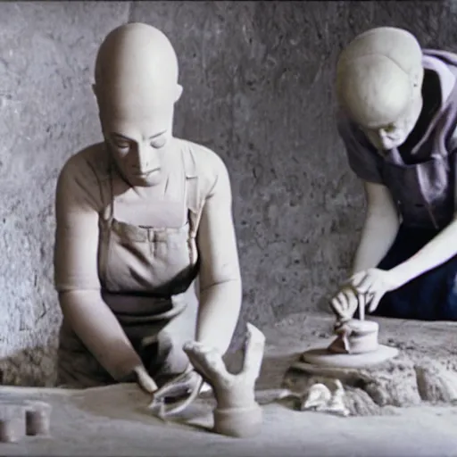 Prompt: film still of a woman sculpting clay on a wheel with an alien standing behind her