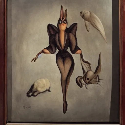 Image similar to detailed surrealistic woman flying midair with rabbit in hands in the style of remedios varo