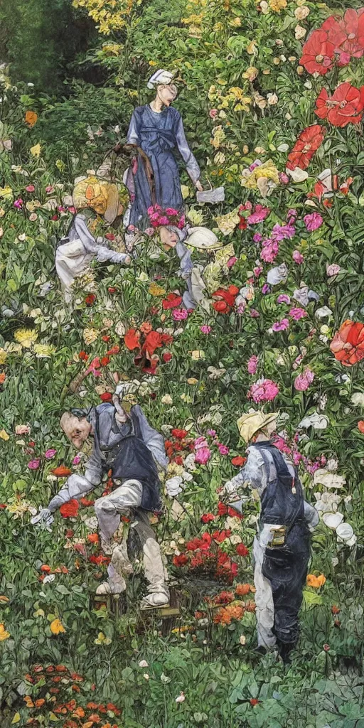 Image similar to oil painting scene from gardeners in the flower garden by kim jung gi