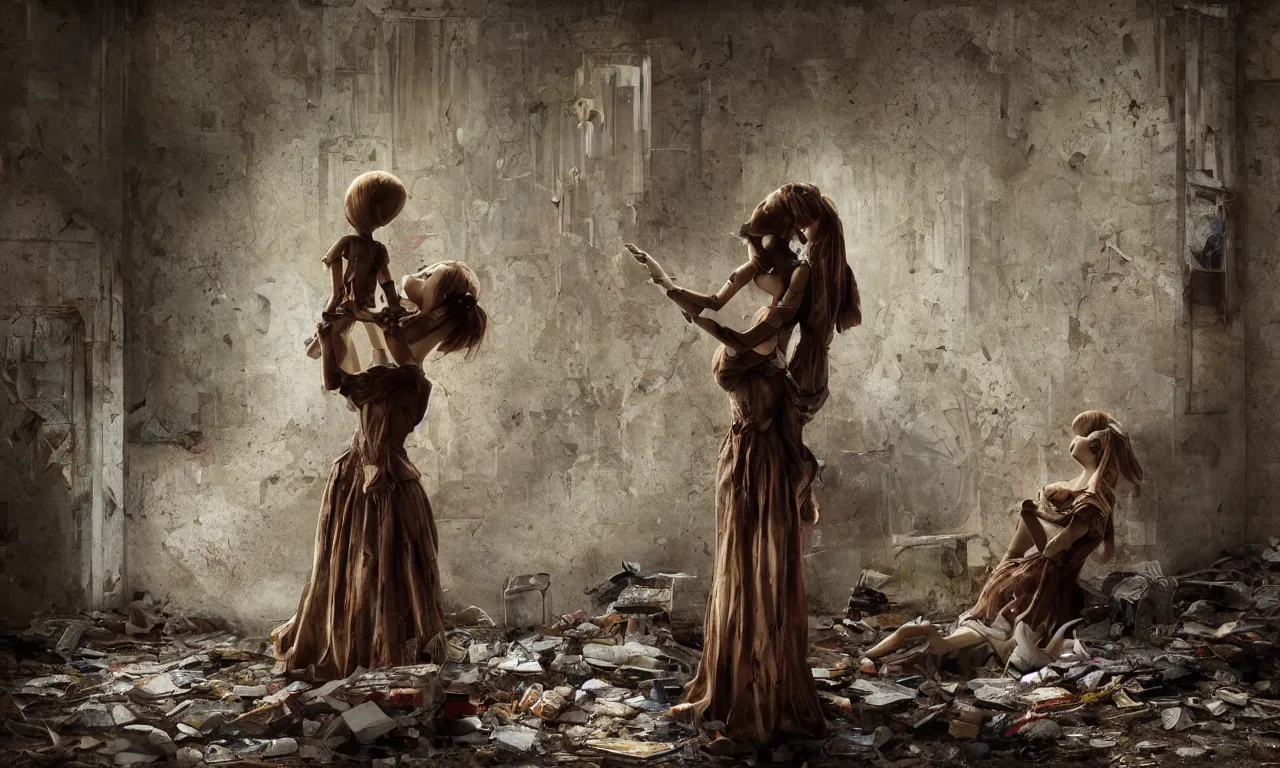 Prompt: a cinematic portrait of a beautiful female jointed wooden doll, holding each other, abandoned, left inside a room in a derelict house, old wallpaper, broken toys are scattered around, rubbish, decay, sadness, morning light through a broken window, by James C. Christensen, by Tomasz Alen Kopera, by Raphael, by Caravaggio, 8K, rendered in Octane, cinematic, 3D, volumetric lighting, highly detailed, photorealistic, hyperrealism