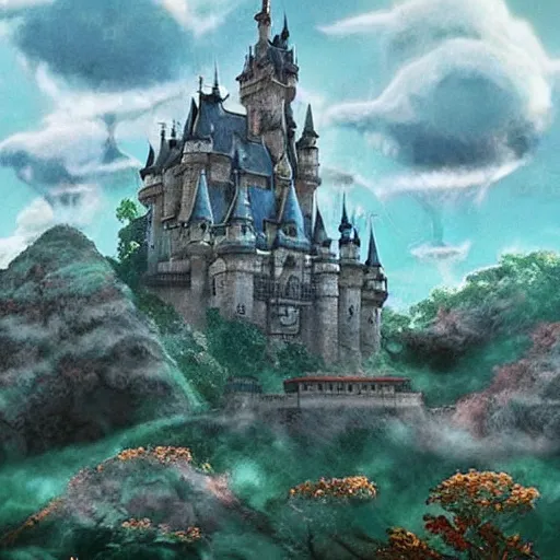 Image similar to a castle floating in a cloud with mythical creatures flying around it, exquisitely detailed, Miyazaki film, retro aesthetic, fantasy,