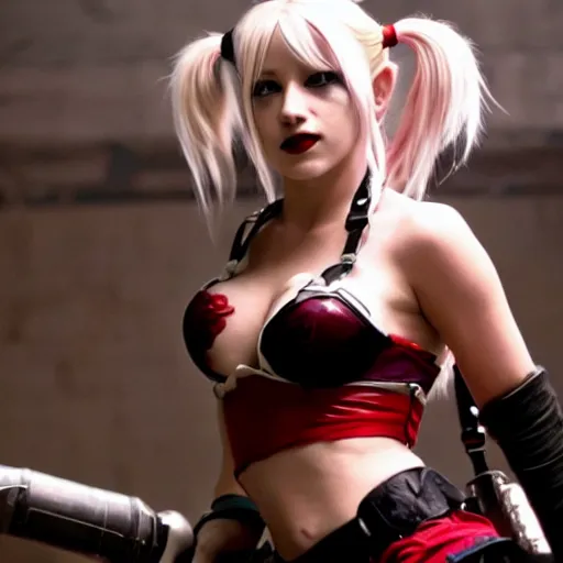 Prompt: Tifa Lockheart as Harley Quinn, Cinematography by Roger Deakins