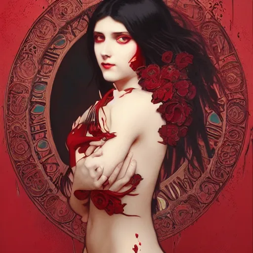 Image similar to goth girl covered in red paint, intricate, art by artgerm and greg rutkowski and alphonse mucha and william - adolphe bouguereau, high detailed, 4 k,