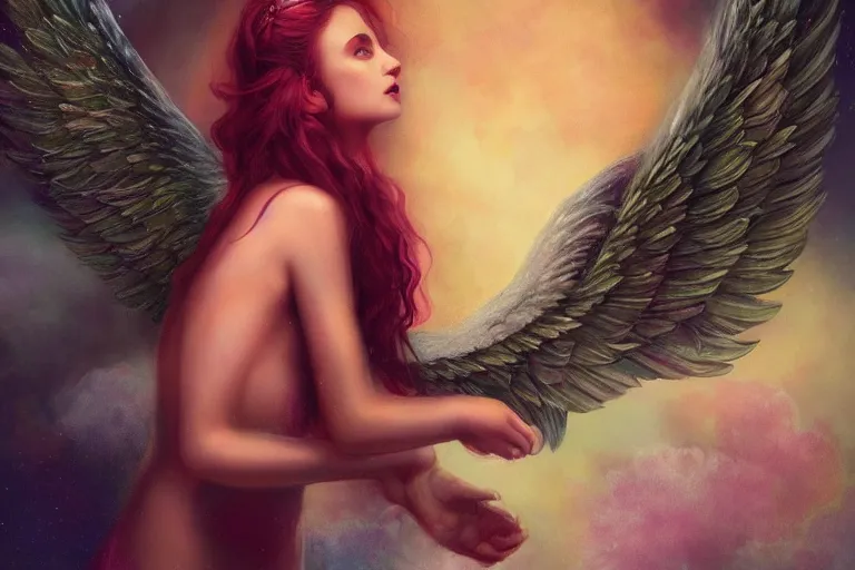 Image similar to pretty angel girl with wings photograph in the style of tom bagshaw, colorful, realistic, 8 k