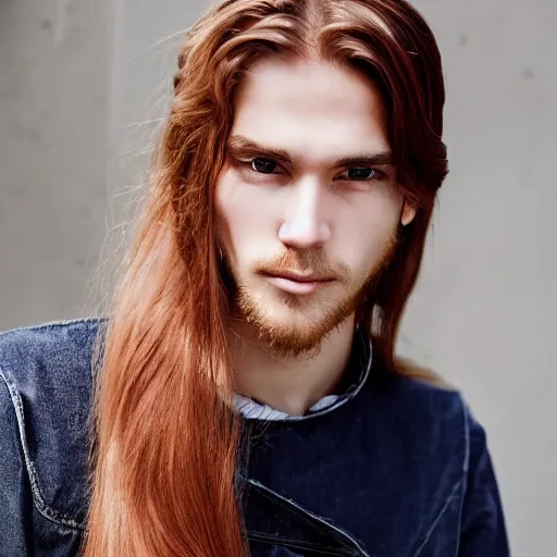 Image similar to a beautiful picture of a jong red blond european man wiht a sharp face and brown eyes, long hair, pointy nose, straight hair