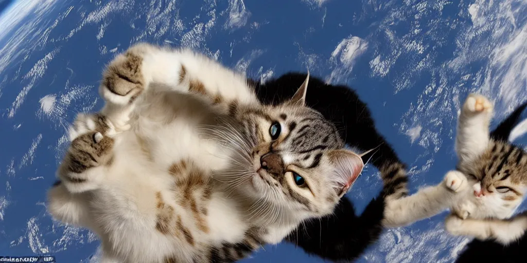 Image similar to an amazing award winning photo of a cat floating in the ISS, hyperdetailed