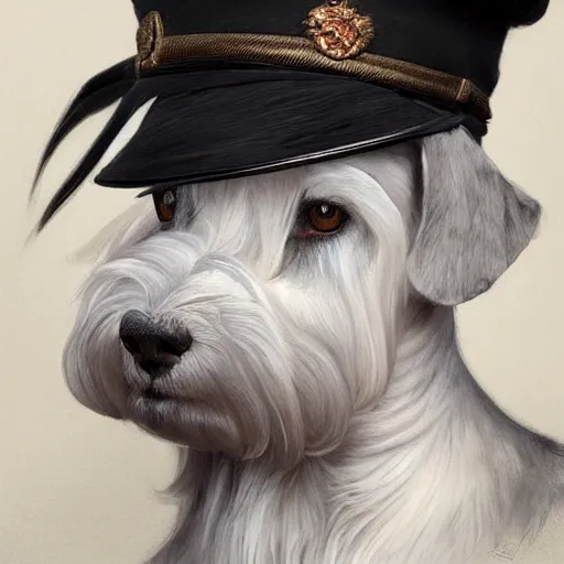 Image similar to portrait of stoic looking miniature schnauzer, military uniform, black fir, white eyebrows, fantasy, intricate, elegant, highly detailed, centered, dark, smokey, charcoal painting, digital painting, artstation, concept art, smooth, sharp focus, illustration, art by artgerm and greg rutkowski and alphonse mucha