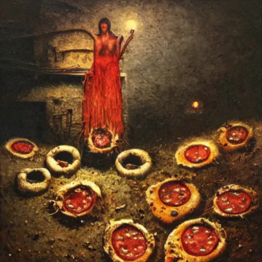 Image similar to pizza on the ground painted by beksinski, oil painting, high detail, moody, atmospheric light, 8 k, colorful