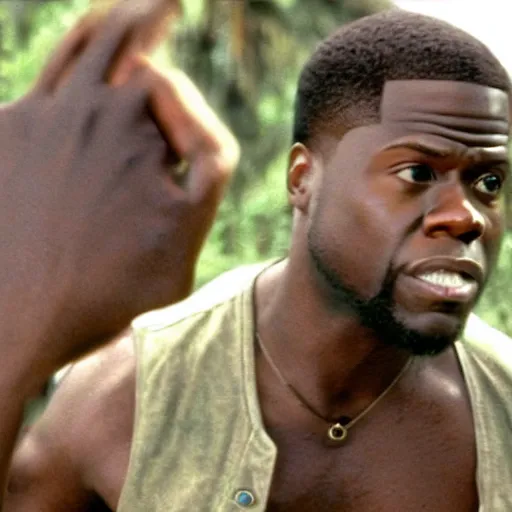 Prompt: cinematic film still of Kevin Hart in the movie Jurassic Park, high detail