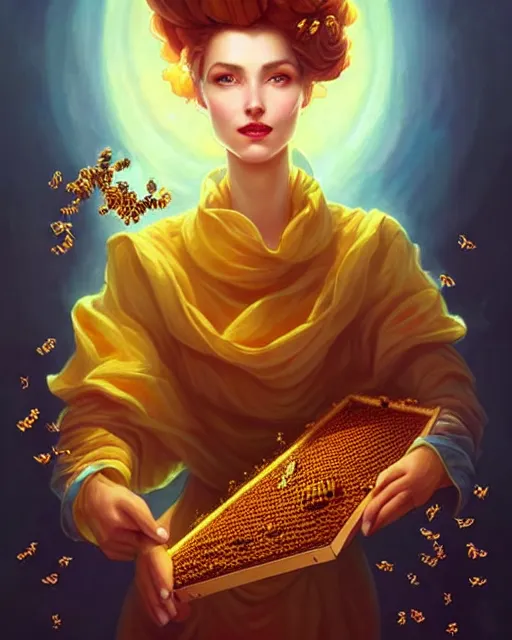 Image similar to beautiful beekeeper woman portrait, honeycomb hairstyle dripping honey, radiant light, swirling flowers, by peter mohrbacher and artgerm