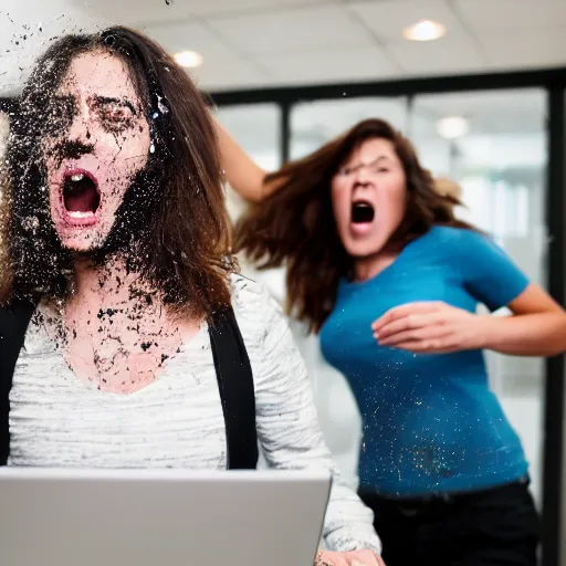 Image similar to unhappy business people throwing computers, screaming yelling, smashing things in their wework office. high resolution color magazine candid photograph.