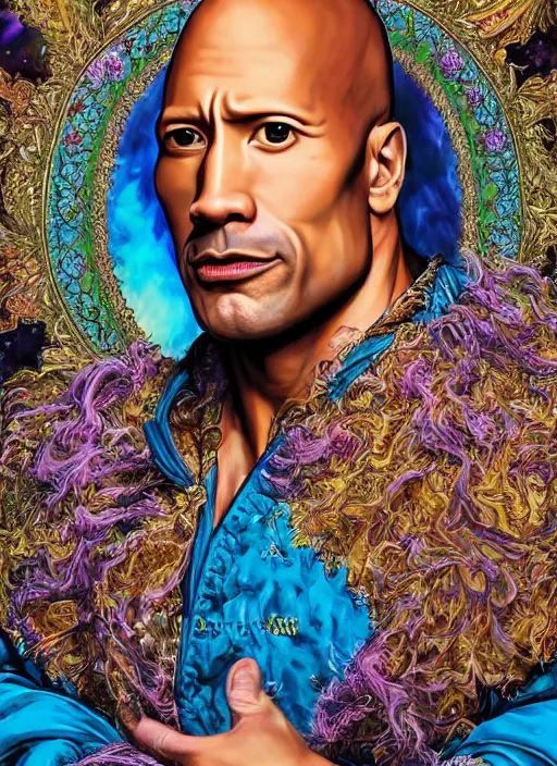 Image similar to beautiful oil painting, portrait of Dwayne the rock Johnson as Louis xiv in coronation robes 1701, Dan Mumford, Dan Mumford, Alex grey, Alex grey, lsd visuals, dmt fractal patterns, entheogen, psychedelic, hallucinogen, highly detailed, ornate, vaporwave