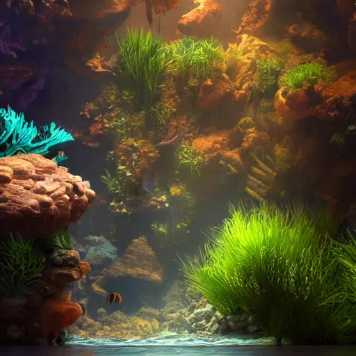 Prompt: A beautiful matte painting of aquascape under water in glass aquarium by Mark Simonetti, Tyler Edlin, and Makoto Shinkai, trending on artstation:5, fog:-4