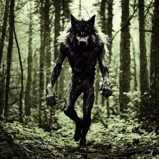 Image similar to werecreature consisting of a human and wolf, photograph captured in a forest