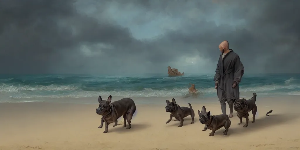 Prompt: french bulldogs on the beach, mythology, extremely detailed digital painting, in the style of dali, jheronimus bosch and ruan jia and jeremy lipking and peter mohrbacher, mystical colors, edge light, beautiful lighting, 4 k, stunning scene, ray tracing, octane, trending on artstation