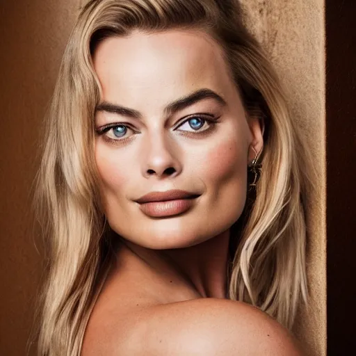 Prompt: Margot Robbie bust, soft lighting, sharp details, warm colors, studio portrait