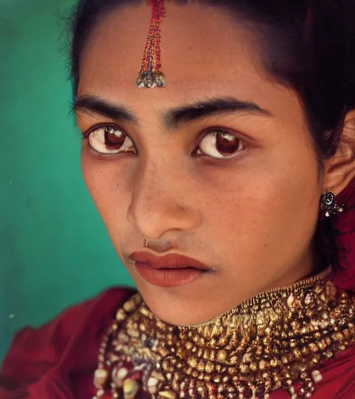 Image similar to vintage_closeup portrait_photo_of_a_stunningly beautiful_nepalese_woman with amazing shiny eyes, 19th century, hyper detailed by Annie Leibovitz