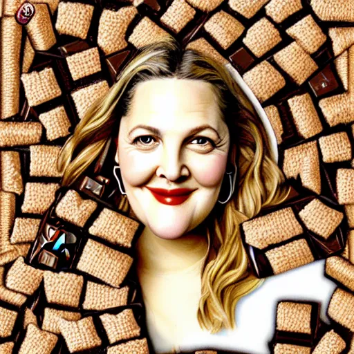 Prompt: drew barrymore in a smore, chocolate, marshmallow graham cracker, digital painting by arcimboldo