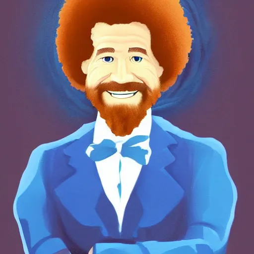 Image similar to A painting of Bob Ross in the style of Bob Ross