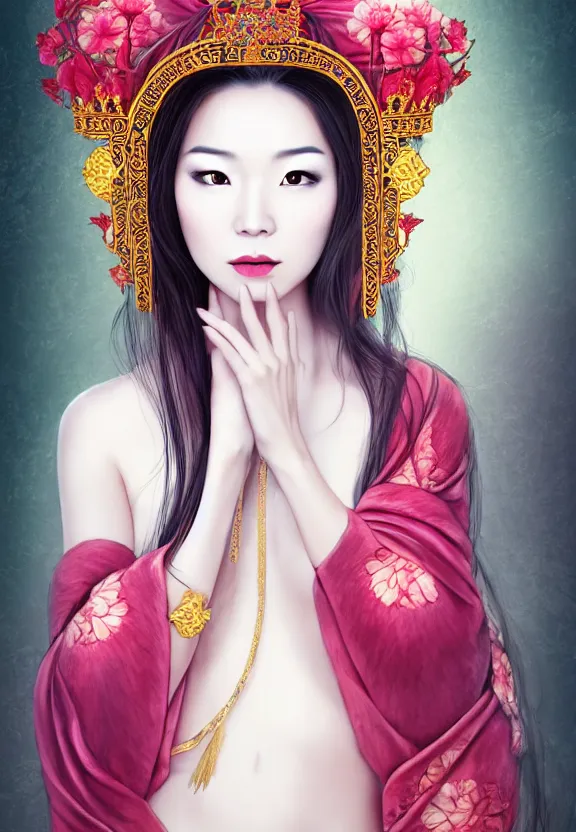 Image similar to beautiful oriental woman with gorgeous crown, symmetrical portrait, realistic, full body, white snake wrapped around body, hibiscus rosa - sinensis, rich in detail, by wlop