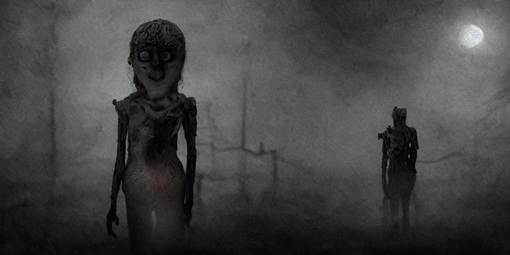 Image similar to the lucid nightmare, surrealistic detailed claymation art, dark, moody, foggy