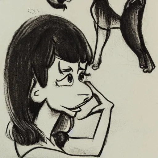 Image similar to milt kahl sketch of black hair cuban girl with dog nose