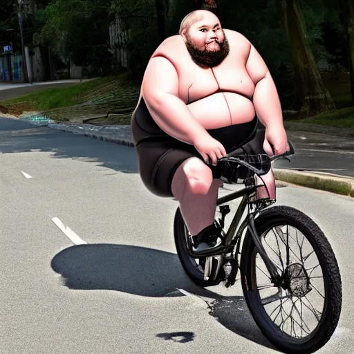 Image similar to a very fat man riding a tiny bicycle 8k real