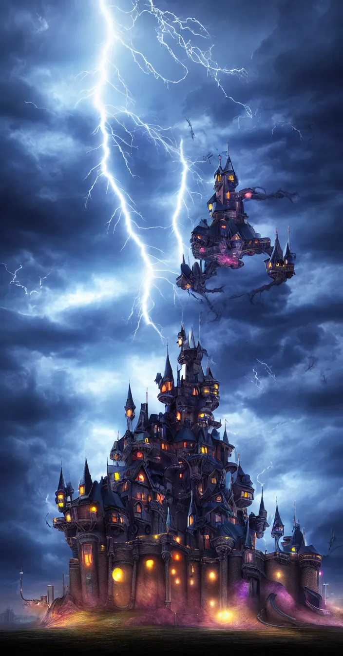 Prompt: realistic photo of lightening strike on futuristic big one castle, dark night background, sharp focus, wide angle shot, in the style of greg rutswoski, very hyper realistic, highly detailed, fantasy art station