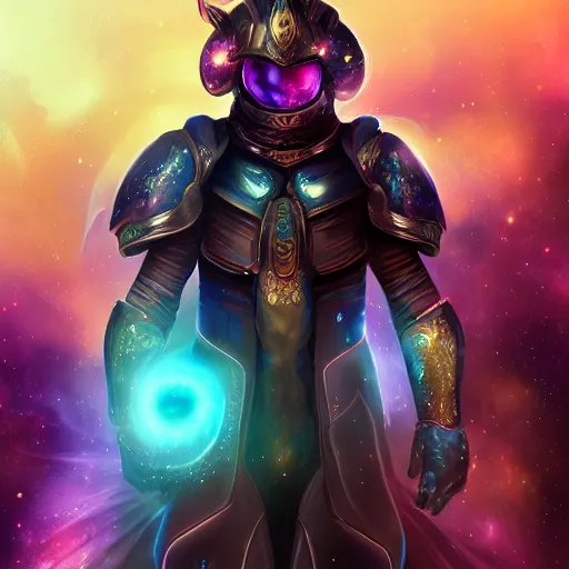 Image similar to photorealistic fantasy cosmic concept art of a cosmic nebula God in dark matter armor hovering in a unknown galaxy, fully body portrait, cinematic, dynamic lighting, ultra detailed, creative, trending on art station