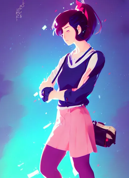 Image similar to female character inspired by 9 0's fashion and by madeline from celeste, art by rossdraws, wlop, ilya kuvshinov and makoto shinkai