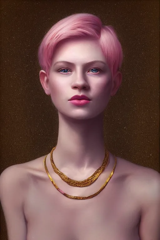 Image similar to “Portrait of a beautiful pale skin Nordic female with short pink hair, elegant, photorealistic, highly detailed, artstation, smooth, sharp focus, gold ornaments, neon lighting, sci-fi, art by Klimt.