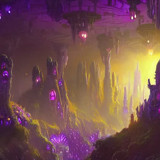 Image similar to concept art detailed painting of a dark purple fungal fairytale city made of mushrooms, with glowing blue lights, in the style of jordan grimmer and neil blevins and wayne barlowe