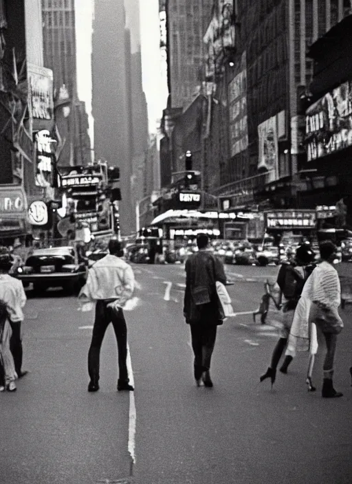 Prompt: a 35mm photograph of a group of aliens walking down the street in New York City in the 1960's, bokeh, Canon 50mm, cinematic lighting, photography, retro, film, Kodachrome