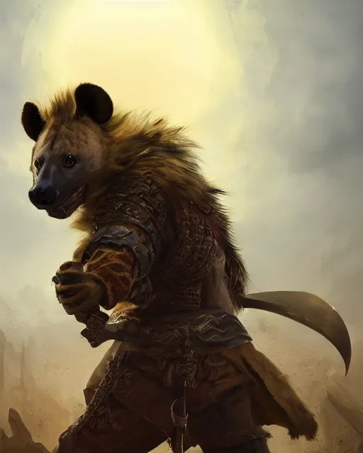 Prompt: oil painting of Anthropomorphized Angry Hyena Warrior, wearing fur cloak, sharp focus, holding Sabre, heroic pose, fantasy style, octane render, volumetric lighting, 8k high definition, by greg rutkowski, highly detailed, trending on art Station, magic the gathering artwork, Battlefield backround, centered