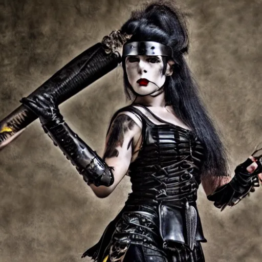 Prompt: photo of a female goth warrior with weapons