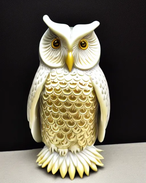 Image similar to gorgeous ornated snow white porcelain realistic detailed sacred owl statue with golden filigree carved out of ivory