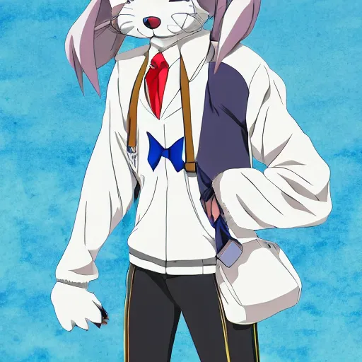 Image similar to anime still an anthro grey wolffurry fursona in a school uniform, handsome anime eyes, key anime visuals with indoor anime background