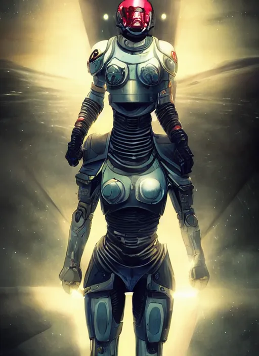 Image similar to hyper realistic photography, space paladin techno crusader girl, metabaron, full body, rule of thirds, human proportion, good anatomy, beautiful face, conceptart, saturated colors, cinematic, juan gimenez, redshift, octane