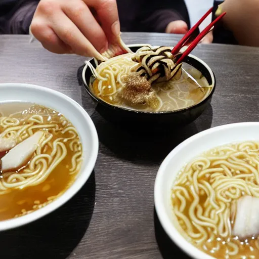 Image similar to wise old fly with a white beard eats ramen with chopsticks