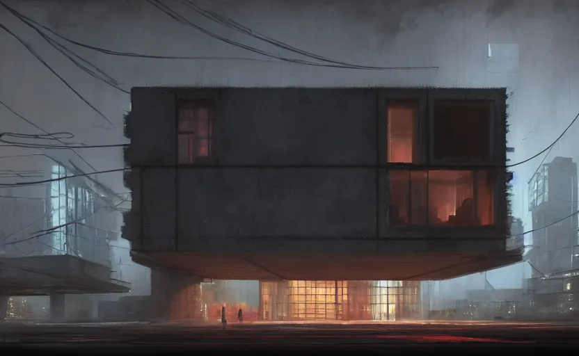 Image similar to An Exterior wide angle shot painting of a cyberpunk brutalist architecture House with warmly lit windows and neon lights by Peter zumthor and James Turrell, Greg Rutkowski and Craig Mullins , Dark atmospheric sad and cinematic lighting, Trending on artstation, Archviz, Archdaily, Deezen, Design milk, Architectural visualisation